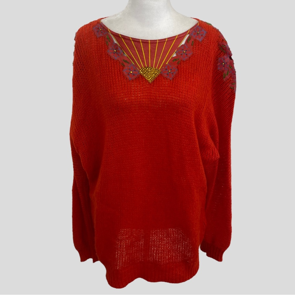 Vintage Red Sweater with Cutouts Leather Patches Crystals